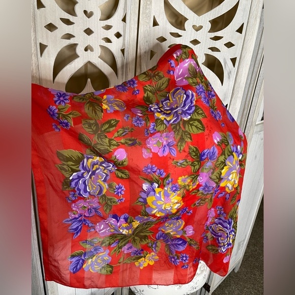 Satin Scarf Red Purple Multicolor Floral Square Medium 30in X 30in - Picture 1 of 3